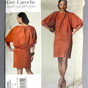 V1284 | szs 14-22 | Guy Laroche Vogue Paris Original 1284 Batwing Knit Top with Neck, Waist Bands and Slit Skirt Designer Sewing Pattern