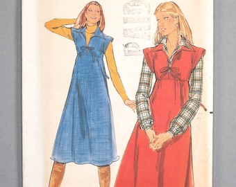 B5574 | sz 13/14 | Butterick 5574 Sewing Pattern: 1970s 70s Junior Teen Casual Jumper Dress, High Waist, Front Slit, Armhole Bands, Collar