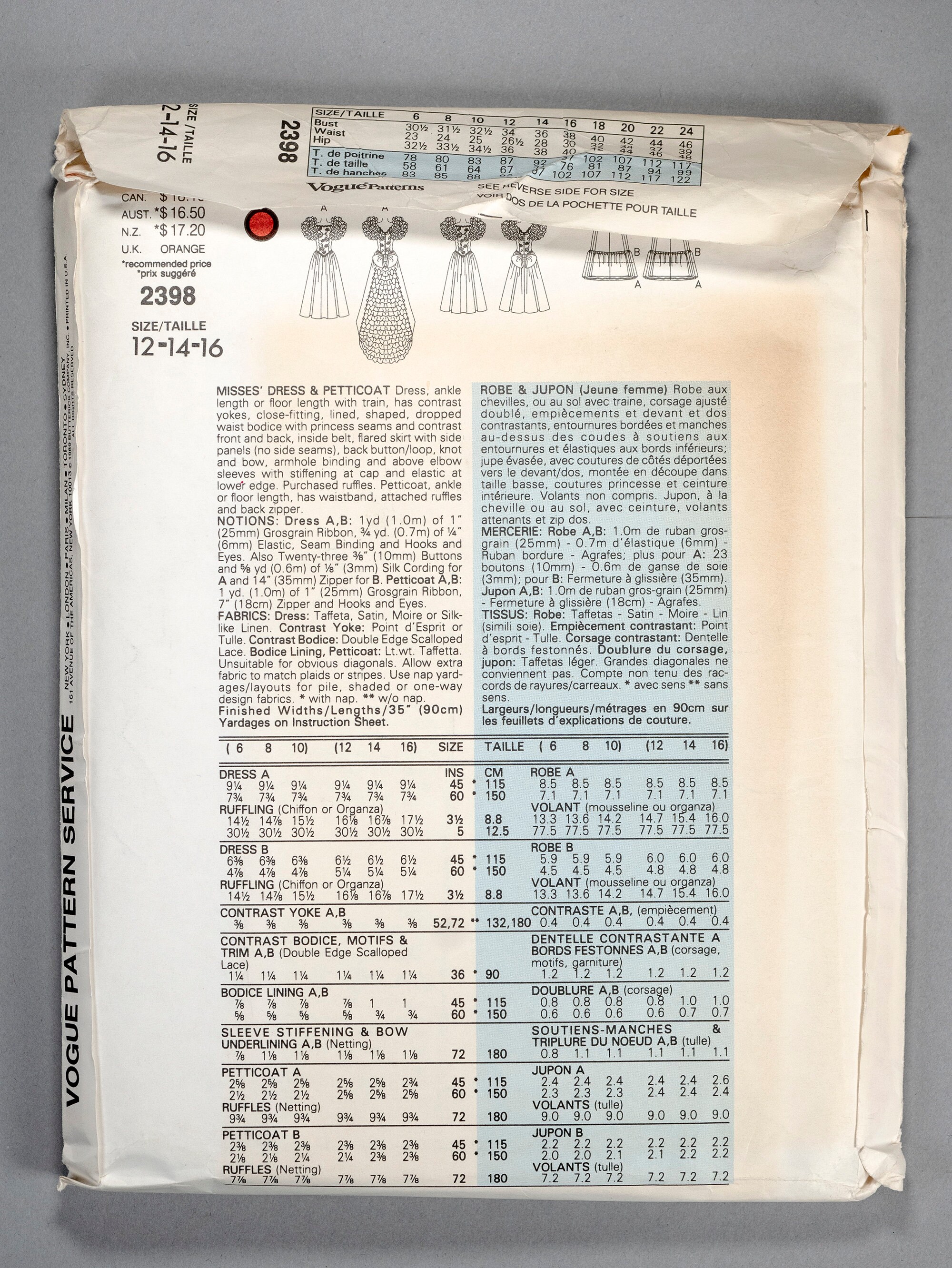 V2398 | Sz 12-14-16 | Vogue Bridal Original 2398 Sewing