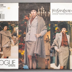 May include: A vintage sewing pattern for a women's suit by Yves Saint Laurent. The pattern is for sizes 8-10-12 and features a plaid jacket, skirt, and a scarf. The pattern is from Vogue Patterns and is labeled "Vogue Paris Original".