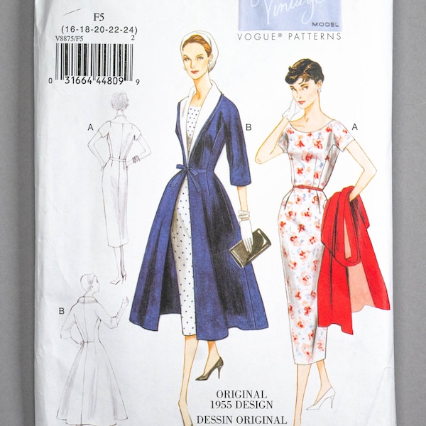 V8875 | szs 16-24 | Vogue 8875 Original 1955 Design Misses Sewing Pattern 1950s Vintage Reprint Slim Wiggle Dress Flared Coat Collar Belt