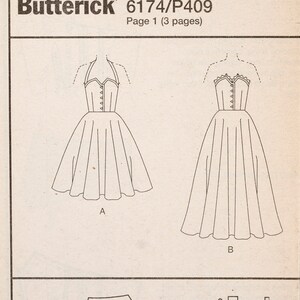 May include: A black and white line drawing of two dress patterns. The dress on the left is a halter style with a fitted bodice and a full skirt. The dress on the right is a strapless style with a fitted bodice and a full skirt. The pattern pieces are labeled with numbers 1, 2, 3, and 6.