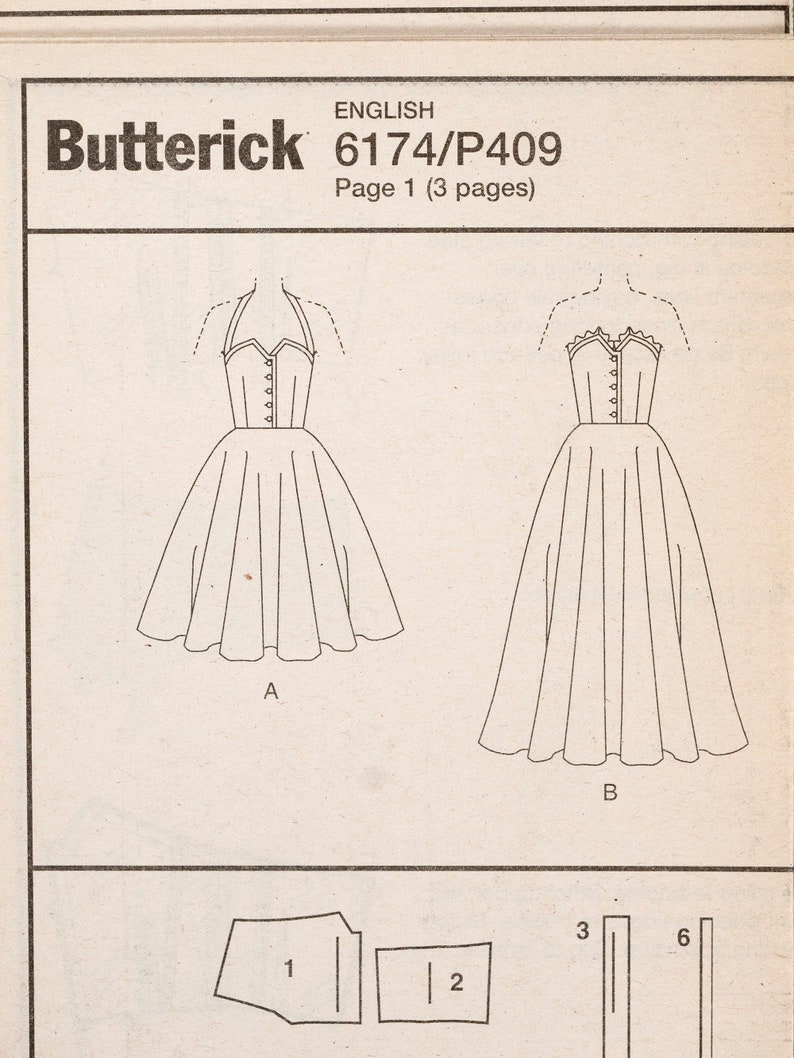 May include: A black and white line drawing of two dress patterns. The dress on the left is a halter style with a fitted bodice and a full skirt. The dress on the right is a strapless style with a fitted bodice and a full skirt. The pattern pieces are labeled with numbers 1, 2, 3, and 6.