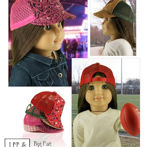 Peut inclure: Un patron pour un chapeau de camionneur pour poup&eacute;es de 45 cm. Le patron s'appelle "Big Fat Trucker Hat" et est le num&eacute;ro 1008. Le patron est de Lee & Pearl. L'image montre trois poup&eacute;es portant diff&eacute;rentes versions du chapeau.