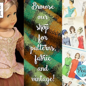 May include: An advertisement featuring a doll in a pink dress, fabric, and vintage sewing patterns. Text reads "Browse our shop for patterns, fabric, and vintage!" The Lee & Pearl logo is in the upper left corner.