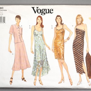 May include: Vogue sewing pattern 1990 for sizes 12-14-16. The pattern includes four different dress designs: a pink skirt suit, a floral print dress, a gold sequined dress, and a striped dress with a brown jacket.