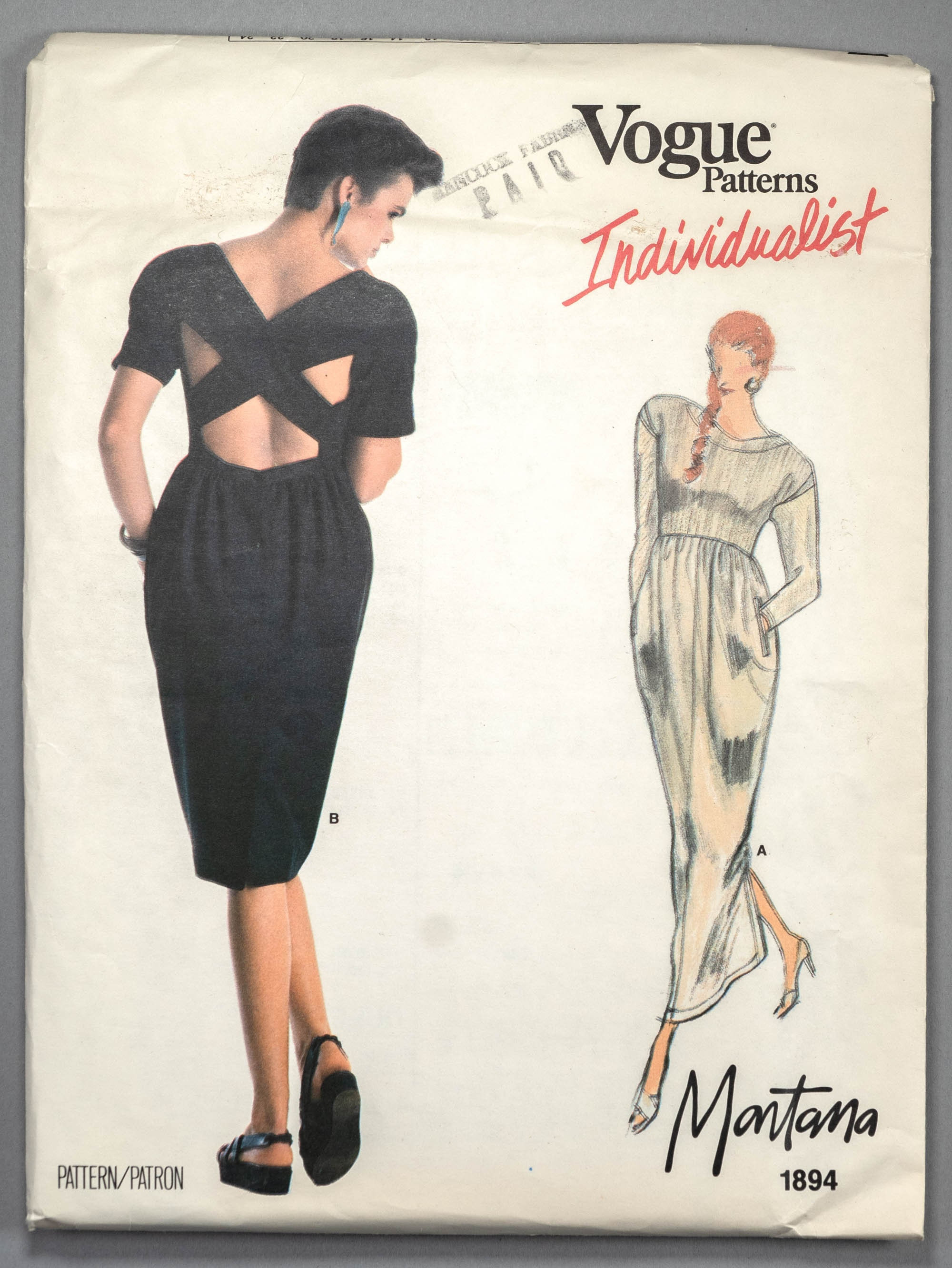 Claude Montana, V1894 | size 8 | Claude Montana Vogue Individualist 1894 1987 80s Dress: Raised Waist, Contrast Front, Tapered Skirt, Crossed Back Bands