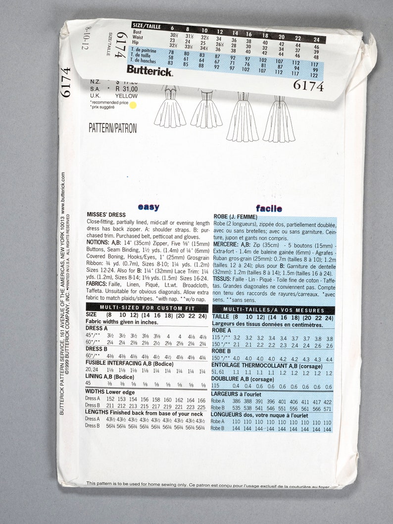 May include: A sewing pattern for a dress with a close-fitting, partially lined, mid-calf or evening length design. The pattern includes instructions for a dress with a back zipper, shoulder straps, and purchased trim. The pattern is multi-sized for custom fit and includes fabric widths given in inches.