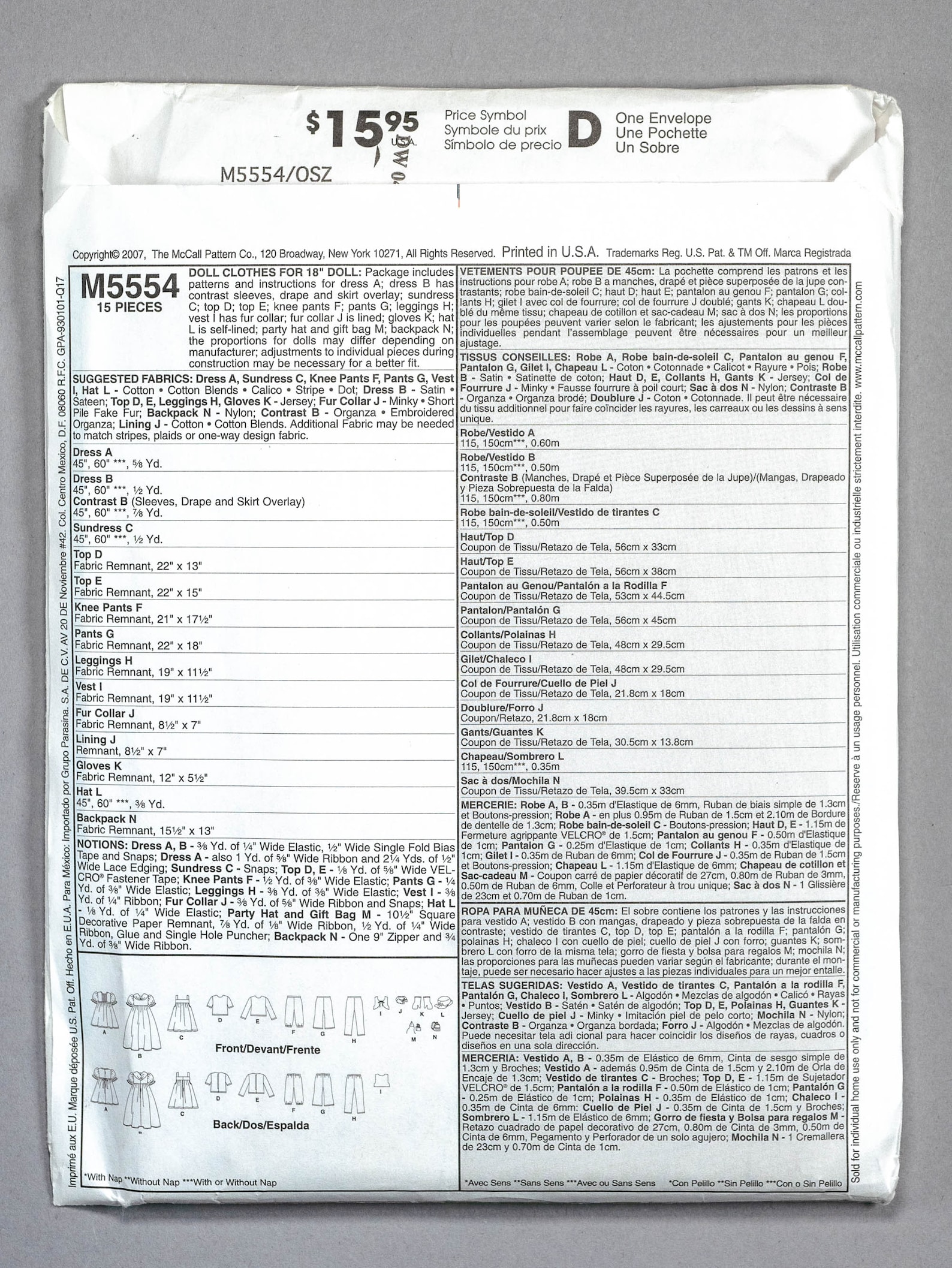 Pattern M5554 M5554 | 18 Inch Doll | Mccalls Crafts 5554 Sewing Pattern for 18