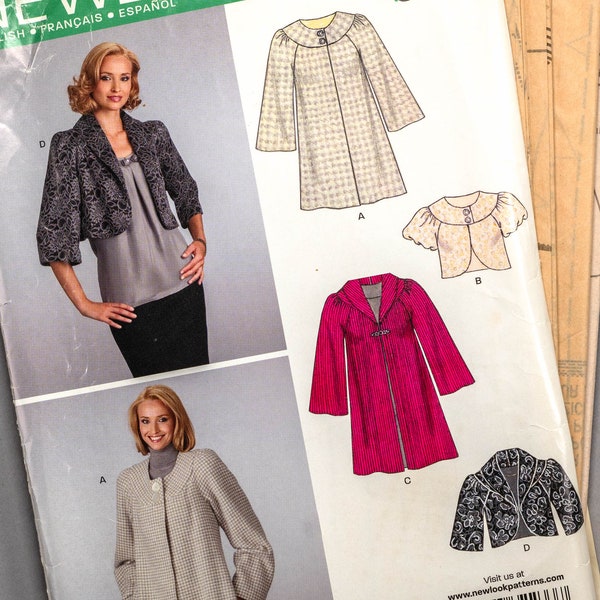 New Look 6832 | szs 8-18 | Misses Lined Coat, Jacket, Cropped Bolero Sewing Pattern: Shawl Collar, Curved Yoke, Raglan Bell or Puff Sleeves