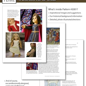 Lee & Pearl Pattern 3001: Late Medieval Lady's Wardrobe for 18 inch dolls such as American Girl — historical doll kirtle (dress), mantle (cloak), shift and girdle (belt). Illustrated historical background information booklet is included.