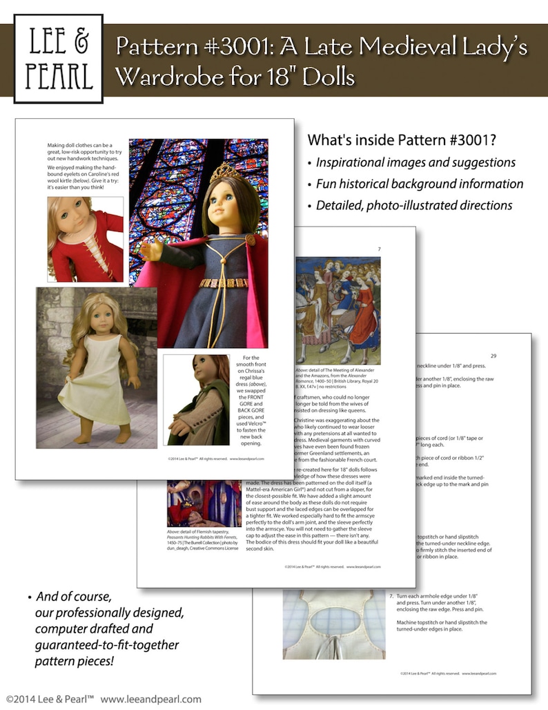 Lee & Pearl Pattern 3001: Late Medieval Lady's Wardrobe for 18 inch dolls such as American Girl — historical doll kirtle (dress), mantle (cloak), shift and girdle (belt). Illustrated historical background information booklet is included.