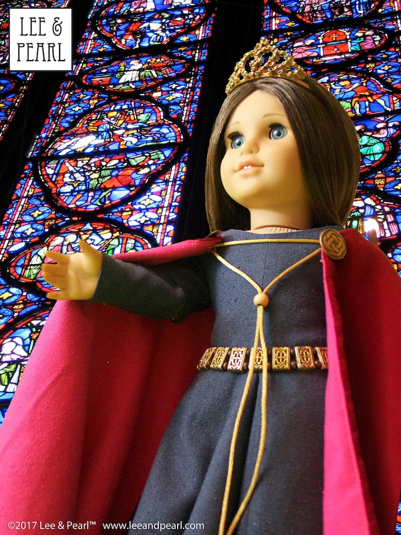 Lee & Pearl Pattern 3001: Late Medieval Lady's Wardrobe for 18 inch dolls such as American Girl — historical doll kirtle (dress), mantle (cloak), shift and girdle (belt). Illustrated historical background information booklet is included.