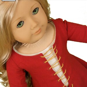 Lee & Pearl Pattern 3001: Late Medieval Lady's Wardrobe for 18 inch dolls such as American Girl — historical doll kirtle (dress), mantle (cloak), shift and girdle (belt). Illustrated historical background information booklet is included.
