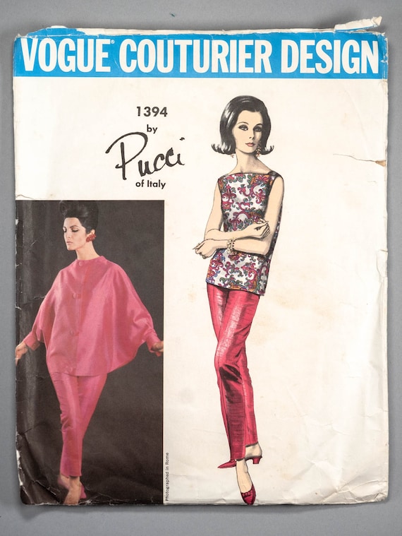 Emilio Pucci, V1394 | sz 12 | Emilio Pucci of Italy Vogue Couturier Design 1394 WITH LABEL: 1964 60s Bat Wing Jacket, Shell Top Blouse, Slim Ankle Pants