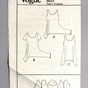 May include: A Vogue sewing pattern sheet with illustrations of three different garment designs labeled A, B, and C. The pattern includes the number 8651 and the text "Page 1 (2 pages)". The sheet also shows pattern pieces numbered 1 through 5.