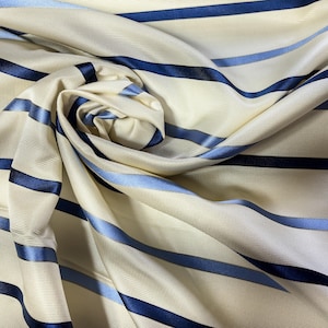 100% Silk Tie Fabric — Off-White with Sky Blue, Royal Blue Stripes, 54" Wide — Sold by HALF YARD — Faille Satin Decor Crafts Millinery Trim
