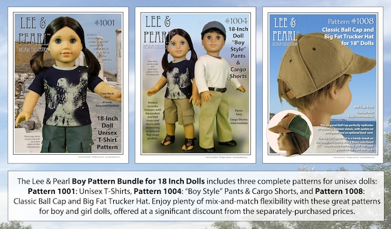 L&P Boy Pattern Bundle for 18 inch dolls such as American Girl, includes Doll T-Shirts, Pants, Cargo Shorts and Ball Cap / Trucker Hat