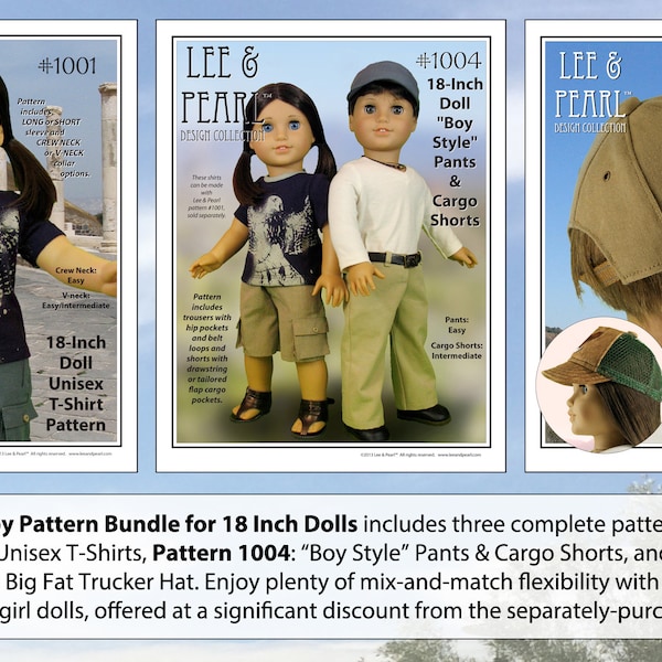 L&P Boy Pattern Bundle for 18 inch dolls such as American Girl, includes Doll T-Shirts, Pants, Cargo Shorts and Ball Cap / Trucker Hat