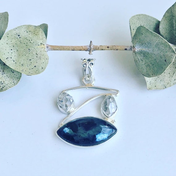 Aprils Lucky Stone Greenland Nuummite With Herkimer Diamond Quartz Necklace and Adjustable Length Sterling Silver Chain Sloans Stones Etsy