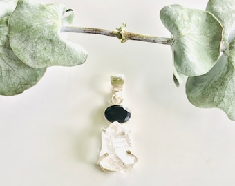 Black Jade & Herkimer Gemstone Pendant on Adjustable Length Braided Wheat Chain | Designer Silversmith | Sloan Stones