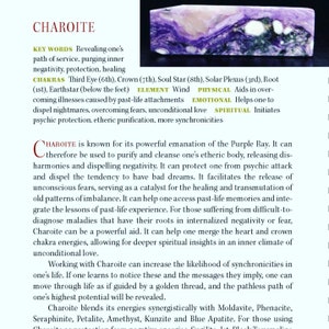 May include: A close-up of a purple and white Charoite crystal. The text describes the crystal's metaphysical properties, including its ability to purify and cleanse the etheric body, release disharmonies, and dispel negativity. It also mentions that Charoite can help one access past-life memories and integrate the lessons of past-life experience.