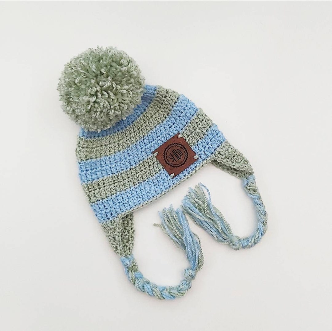 Blue and green newborn winter hat, 03 months baby boy winter hat, baby