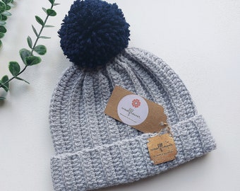 2-4 Years Toddler Grey And Navy Blue Winter Crochet Beanie Hat. A Perfect Hat For Boys or Girls!