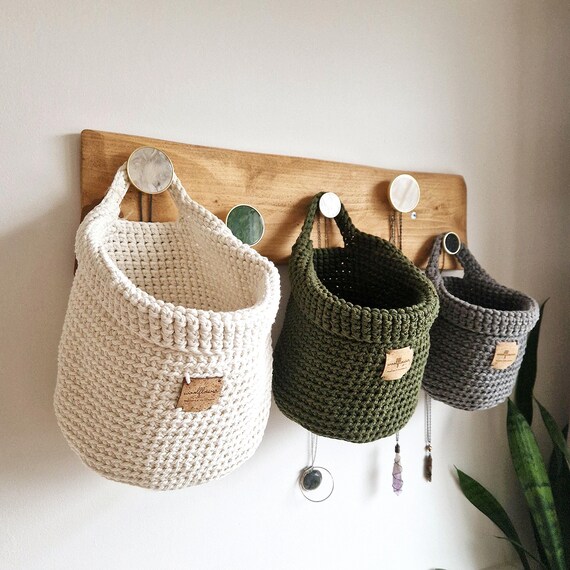 Wall Hanging Basket – Crochet Storage – Cotton Rope Organizer – Neutral Home Decor