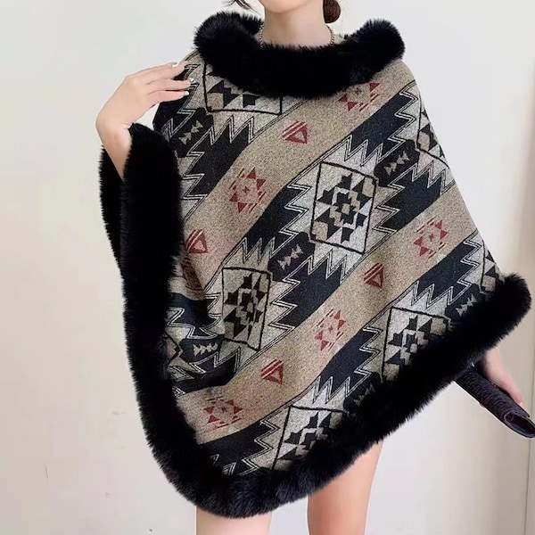 Women' s Aztec Poncho Cape Coat Luxury Faux Fur Shawl Cloak