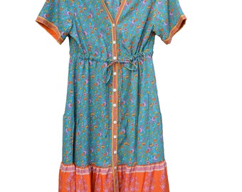 Vintage Boho Short Sleeve Dress, Button Down with Tie waist, Boho Women, Boho Beach Dress