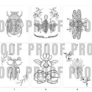 May include: A coloring book with 10 pages featuring intricate black and white illustrations of various insects, including beetles, butterflies, and dragonflies. The book is titled "Coloring Book" and each page is numbered.