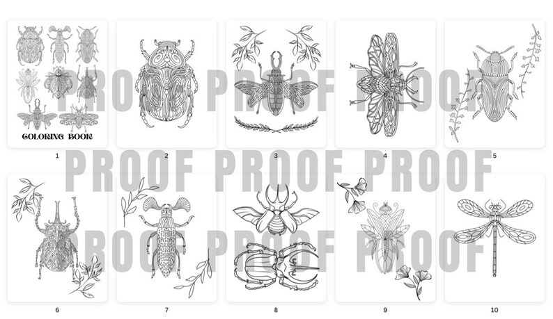 May include: A coloring book with 10 pages featuring intricate black and white illustrations of various insects, including beetles, butterflies, and dragonflies. The book is titled "Coloring Book" and each page is numbered.