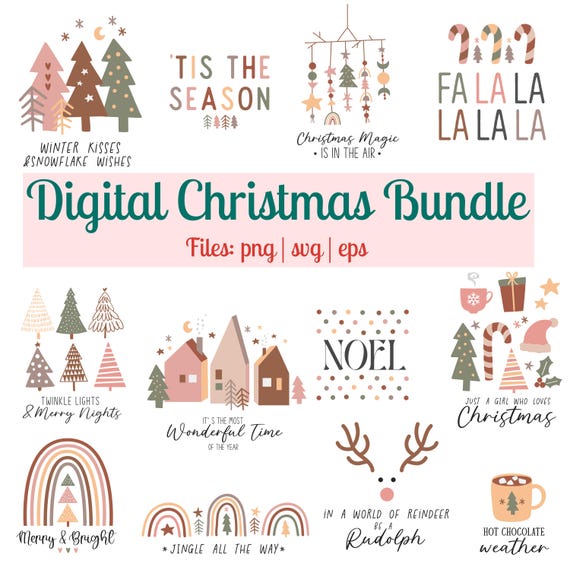 Boho Christmas Designs, SVG PNG EPS Bundle (Digital Download)