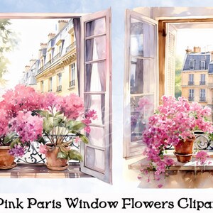 12 Acuarela Rosa París Ventana Flores Clip Art Ilustraciones Transparencias Descarga Digital - IMPRIMIBLE - DESCARGA INSTANTE - alta resolución