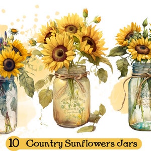 Watercolor Country Sunflowers in Vintage Mason Jars clipart Digital Download - PRINTABLE - INSTANT DOWNLOAD - Printable Art Papers high res