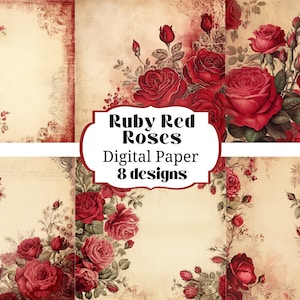 Peut inclure: Lot de papiers numériques avec 8 motifs de roses rouge rubis sur un fond vintage. Le texte "Ruby Red Roses Digital Paper 8 designs" est sur une étiquette rouge.