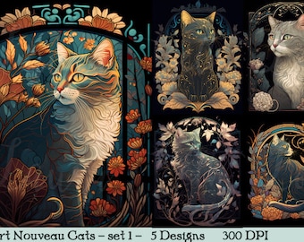 Puede incluir: Cinco ilustraciones digitales de gatos en estilo Art Nouveau. Cada gato está rodeado de intrincados diseños florales y patrones en tonos dorados, azules y verdes. El texto "Art Nouveau Cats - set 1 - 5 Designs 300 DPI" aparece en la parte inferior de la imagen.