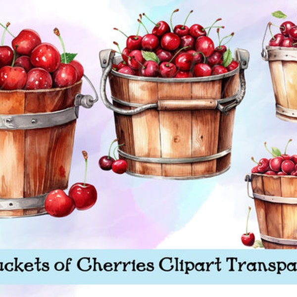 4 Watercolor Buckets of Cherries Illustrations Transparencies Digital Download - PRINTABLE - INSTANT DOWNLOAD - high res