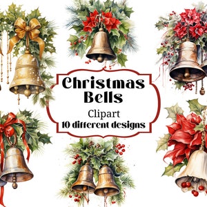10 Watercolor Beautiful Christmas Bells - Clip Art Illustrations Transparencies - Digital Download - INSTANT DOWNLOAD - Printable Art Papers