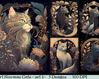 Puede incluir: Cinco ilustraciones digitales de gatos en estilo Art Nouveau. Cada gato está rodeado de intrincados diseños florales y detalles dorados. Los gatos están en varias poses, incluyendo sentados, de pie y mirando hacia un lado. El fondo es de color azul oscuro.