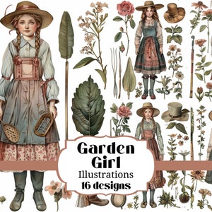 16 Garden Girl ~ Illustrations sur papier numérique style Paper Doll ~ 300 DPI ~ Scrapbooking ~ Carnets indésirables ~ TÉLÉCHARGEMENT IMMÉDIAT facile