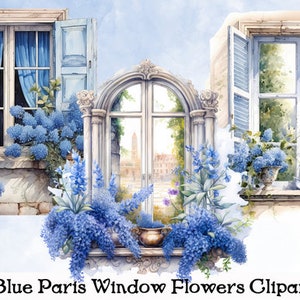 8 Acuarela Azul París Ventana Flores Clip Art Ilustraciones Transparencias Descarga Digital - IMPRIMIBLE - DESCARGA INSTANTE - alta resolución