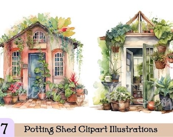 Quaint Garden Potting Shed Plants Clip Art Illustrations Transparencies Digital Download - PRINTABLE - INSTANT DOWNLOAD - high res