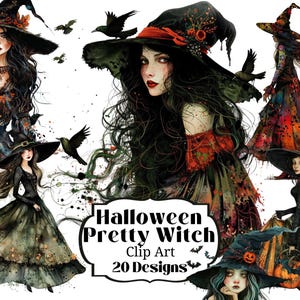 20 Halloween Young Pretty Witch Witches Clip Art Illustrations Transparencies Digital Download - PRINTABLE - INSTANT DOWNLOAD