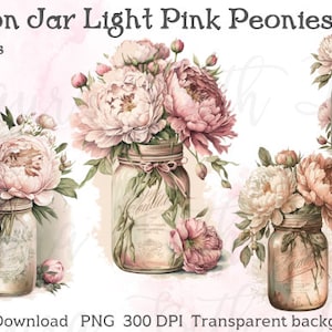 Watercolor Light Pink Peonies Vintage Mason Jars - Digital Download - PRINTABLE - INSTANT DOWNLOAD - Printable Art Papers high res 300 dpi