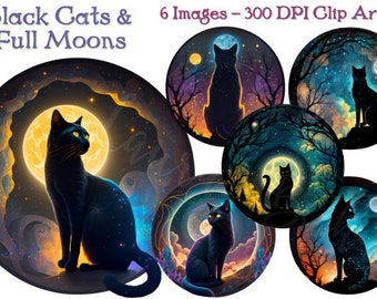 Puede incluir: Imágenes prediseñadas digitales con seis imágenes circulares de gatos negros y lunas llenas. Los gatos están silueteados sobre fondos coloridos de cielos estrellados, árboles y lunas brillantes. El texto "Black Cats & Full Moons" está en la parte superior.