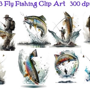 Peut inclure: Un ensemble de 13 illustrations numériques représentant des scènes de pêche à la mouche. Les illustrations représentent une variété de truites, de pêcheurs et d'éclaboussures d'eau dans un style aquarelle.