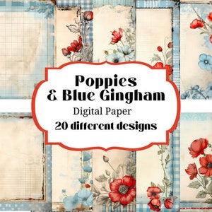 Coquelicots et arrière-plans en papier numérique Vichy bleu - téléchargement numérique - IMPRIMABLE - TÉLÉCHARGEMENT INSTANTANÉ - papiers d'art imprimables 12 x 12" 300 dpi