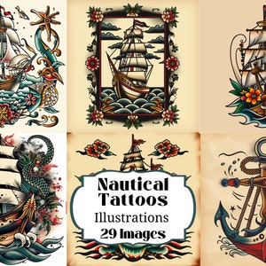 29 ilustraciones de tatuajes náuticos de estilo tradicional ~ 300 DPI ~ Scrapbooking ~ Junk Journals ~ DESCARGA INMEDIATA FÁCIL